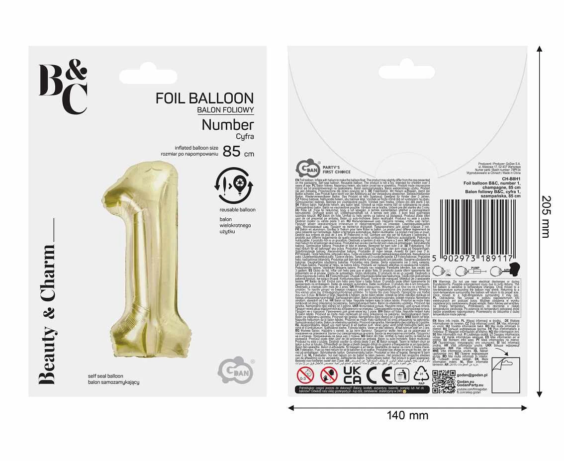 Balon foliowy B&C, cyfra 1, szampańska, 85 cm AA